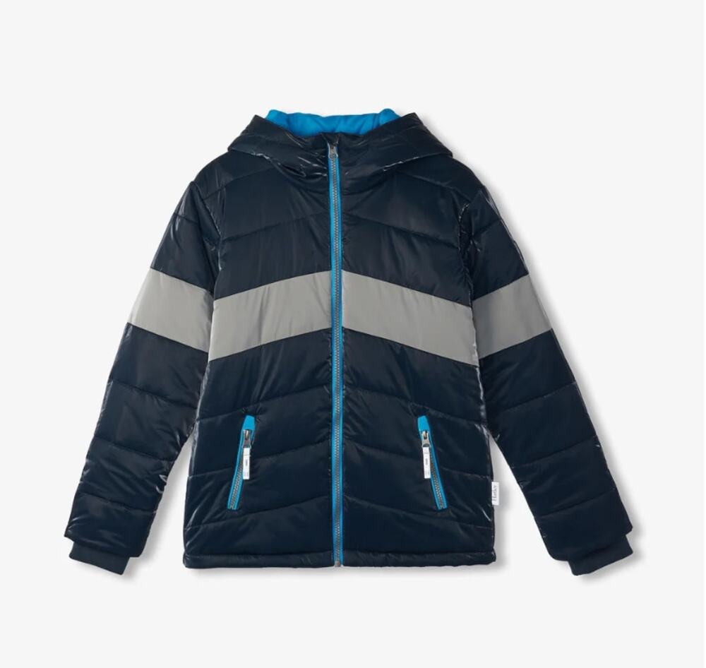 HATLEY Boys Shark Skin Puffer Jacket Size 8 Navy Blue Colorblock Hooded NWT